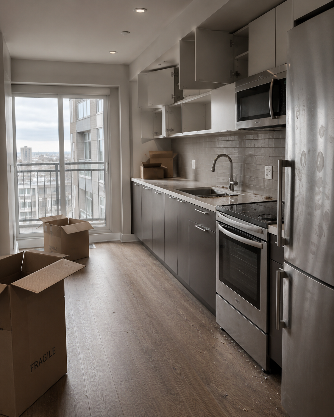 Calgary condo kitchen before move-out cleaning — moving boxes and debris